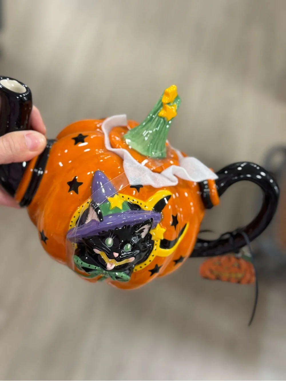 Halloween Blue Sky Pumpkin Teapot with Black Cat